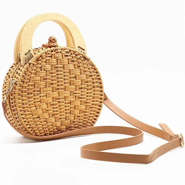 Wooden Handle Circle Straw Rattan Shoulder Bag - 2 Colors - Glova