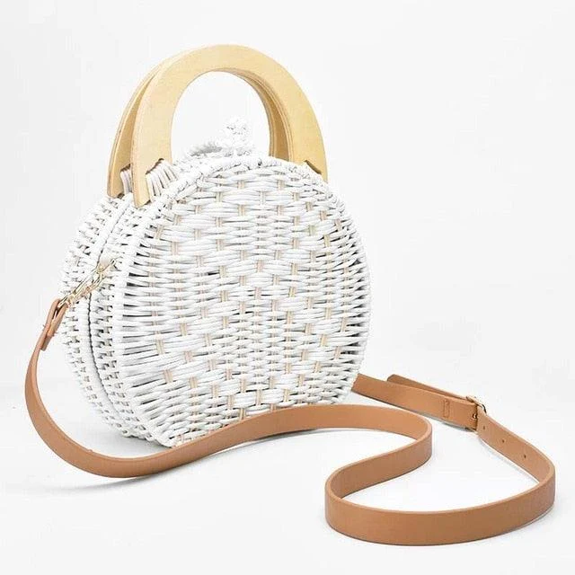 Wooden Handle Circle Straw Rattan Shoulder Bag - 2 Colors - Glova