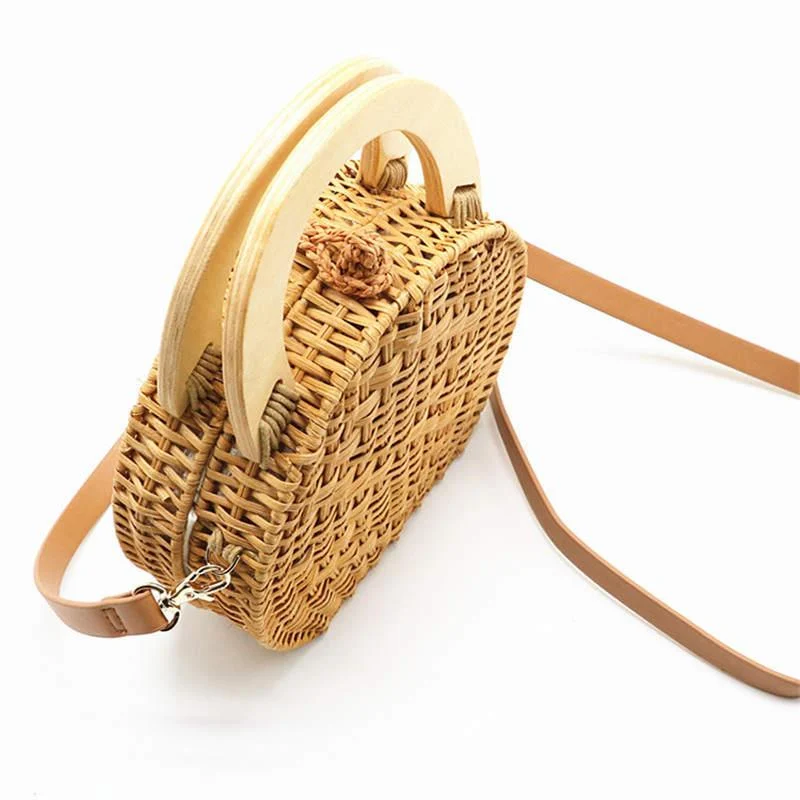 Wooden Handle Circle Straw Rattan Shoulder Bag - 2 Colors - Glova