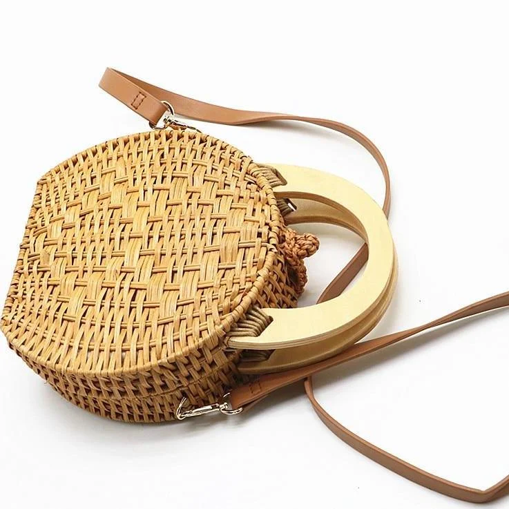 Wooden Handle Circle Straw Rattan Shoulder Bag - 2 Colors - Glova