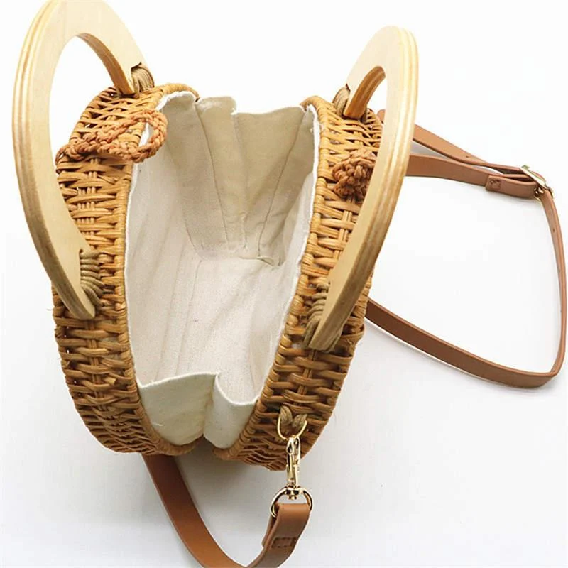 Wooden Handle Circle Straw Rattan Shoulder Bag - 2 Colors - Glova