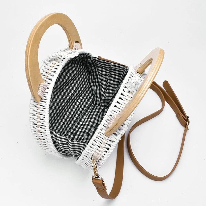 Wooden Handle Circle Straw Rattan Shoulder Bag - 2 Colors - Glova