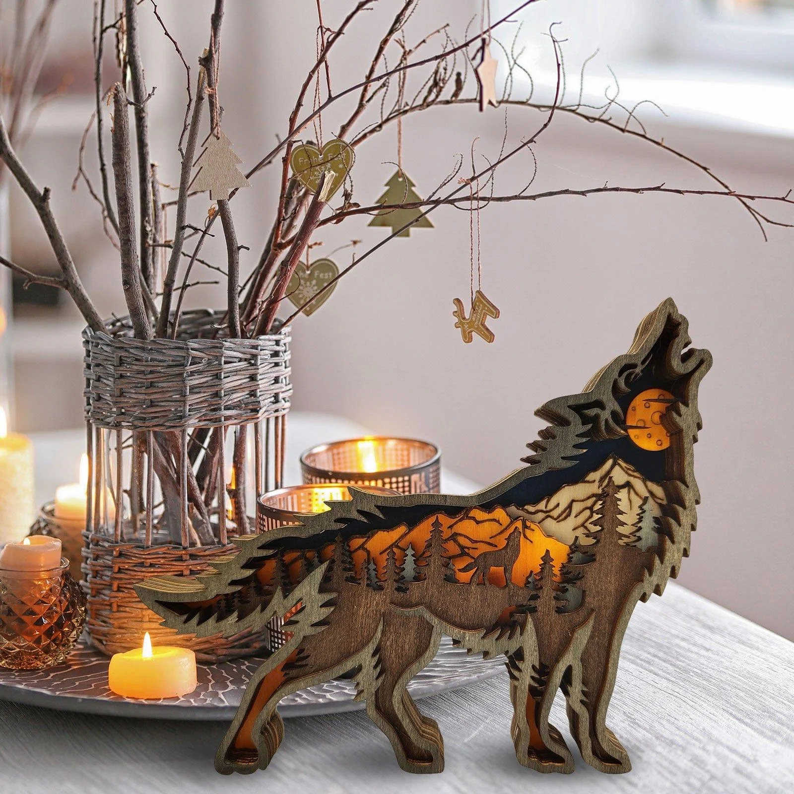 Wooden Wolf Figurine with LED Lights - Glova