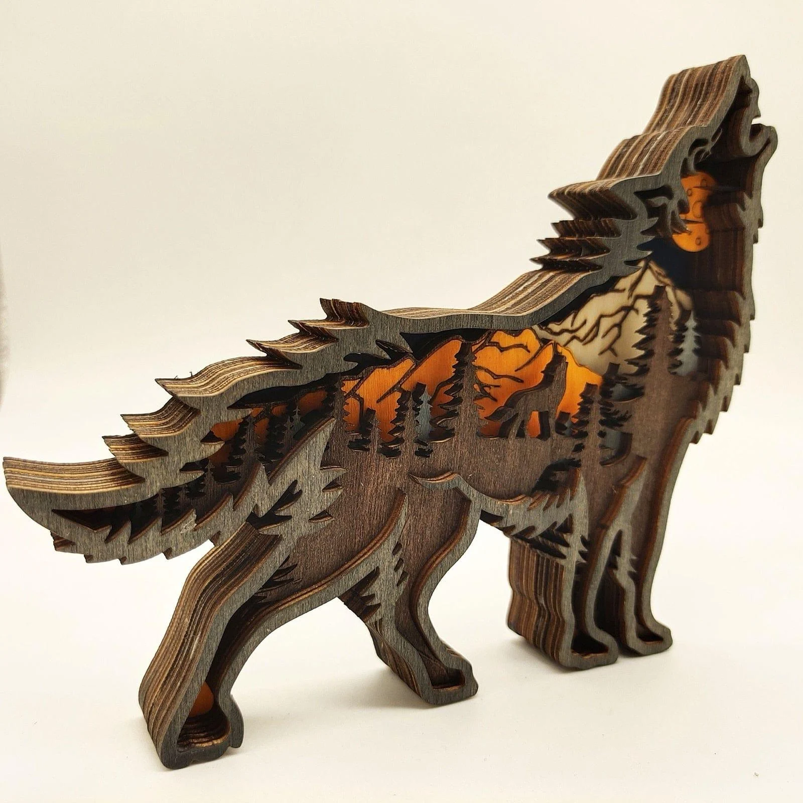 Wooden Wolf Figurine with LED Lights - Glova