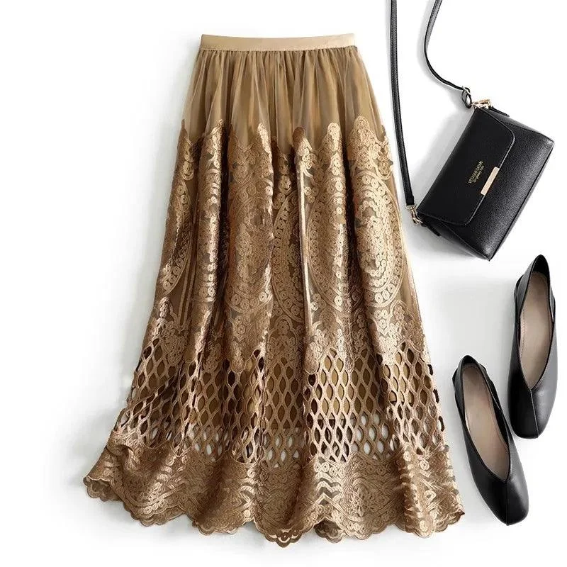 Wylla Metallic Embroidery Lace Tulle Midi Skirt - Glova