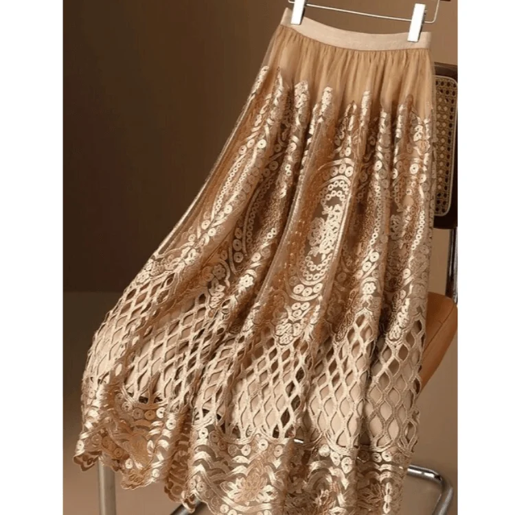 Wylla Metallic Embroidery Lace Tulle Midi Skirt - Glova