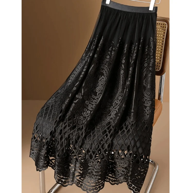 Wylla Metallic Embroidery Lace Tulle Midi Skirt - Glova