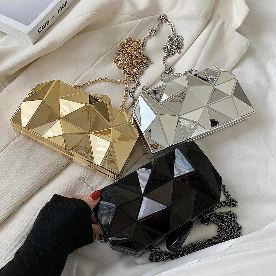 Yvette Metallic Triangle Cuboid Box Clutch Bags - 3 Colors - Glova