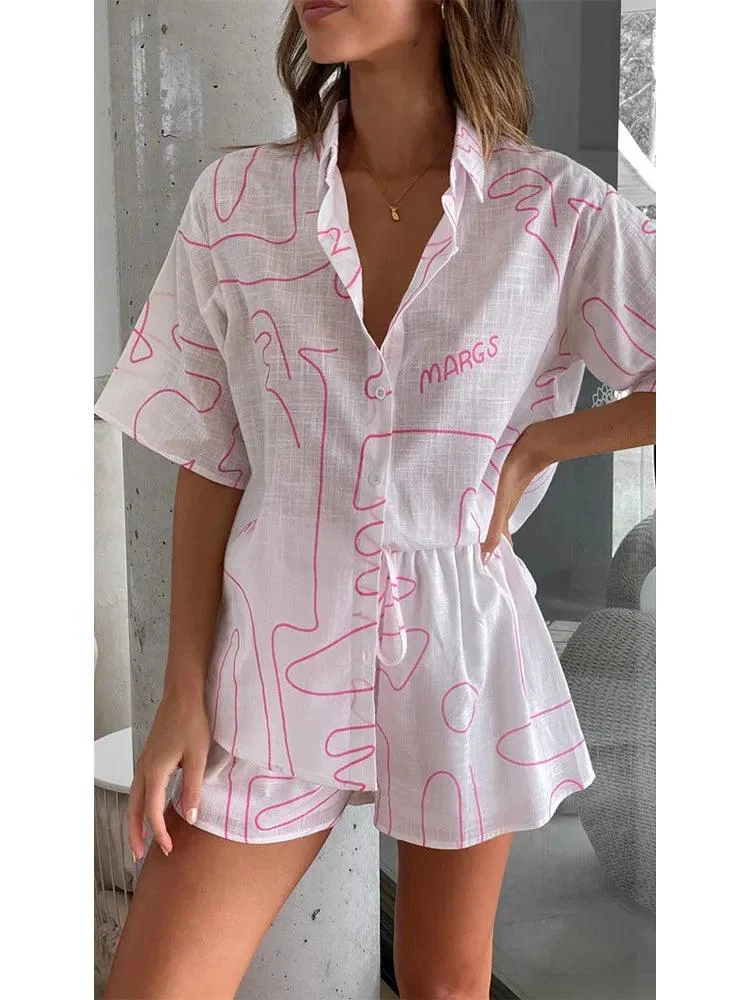 Zinnia Casual Line Drawing Print Shirts & Shorts Set - Glova