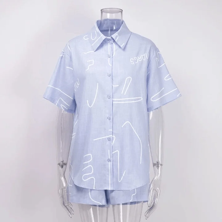 Zinnia Casual Line Drawing Print Shirts & Shorts Set - Glova