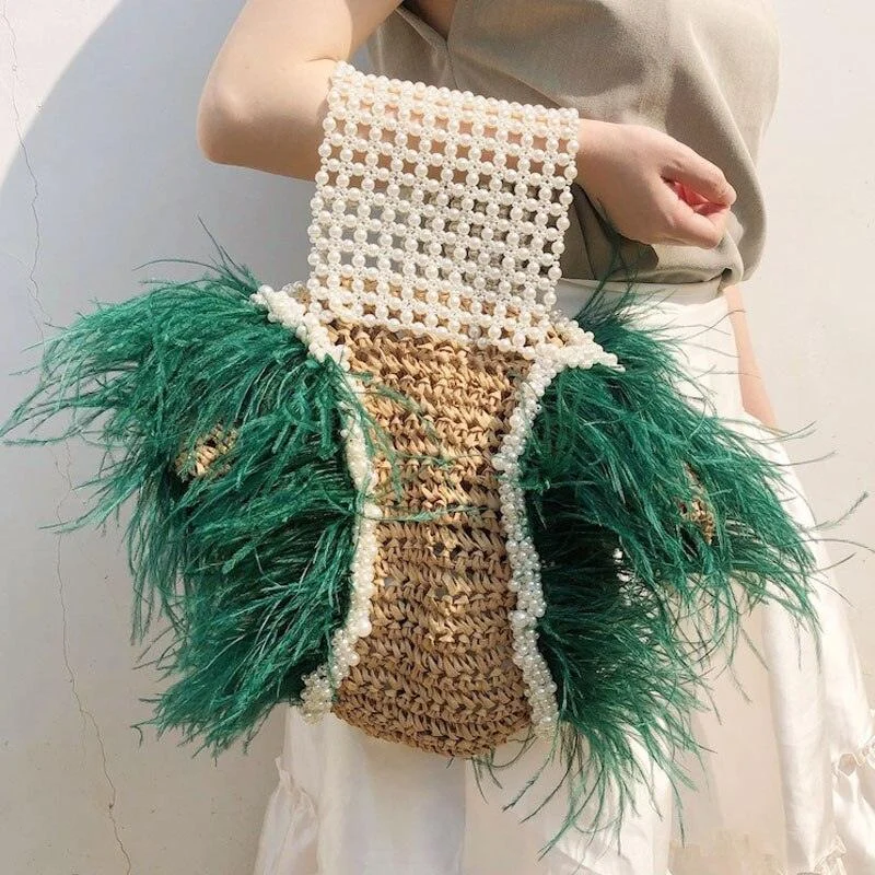 Teresa Tassel Straw Bag with Pearl Beads Handle - 2 Colors - Glova