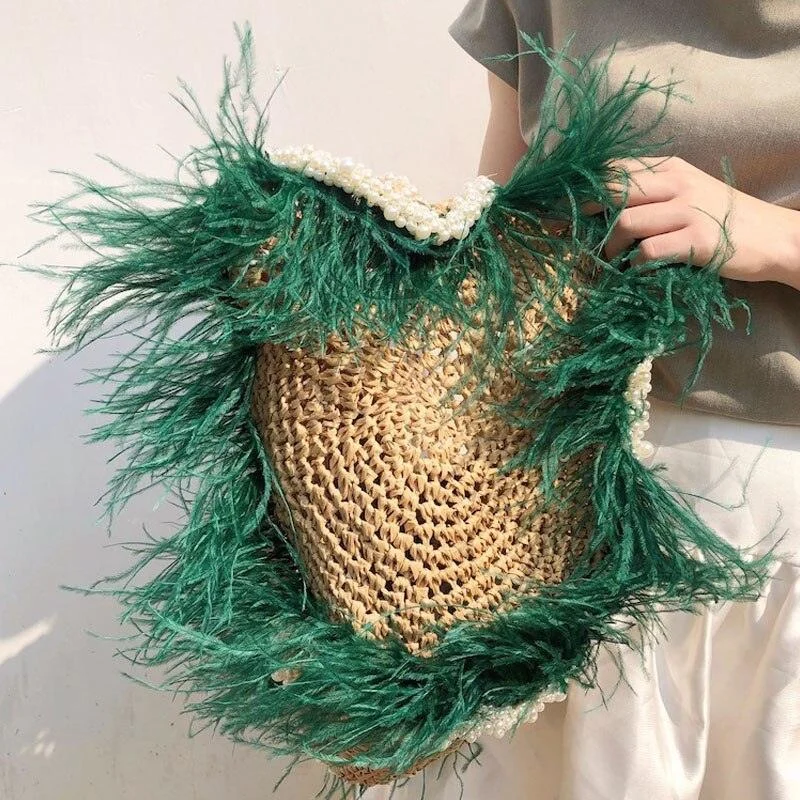 Teresa Tassel Straw Bag with Pearl Beads Handle - 2 Colors - Glova