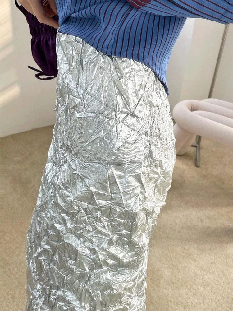 Thelma Crinkle Silver Metallic Skirt - Glova