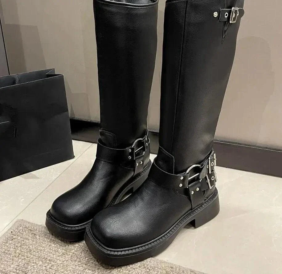 Thick High Heels Mid Calf Boots Punk Gothic Buckle Boots - Glova