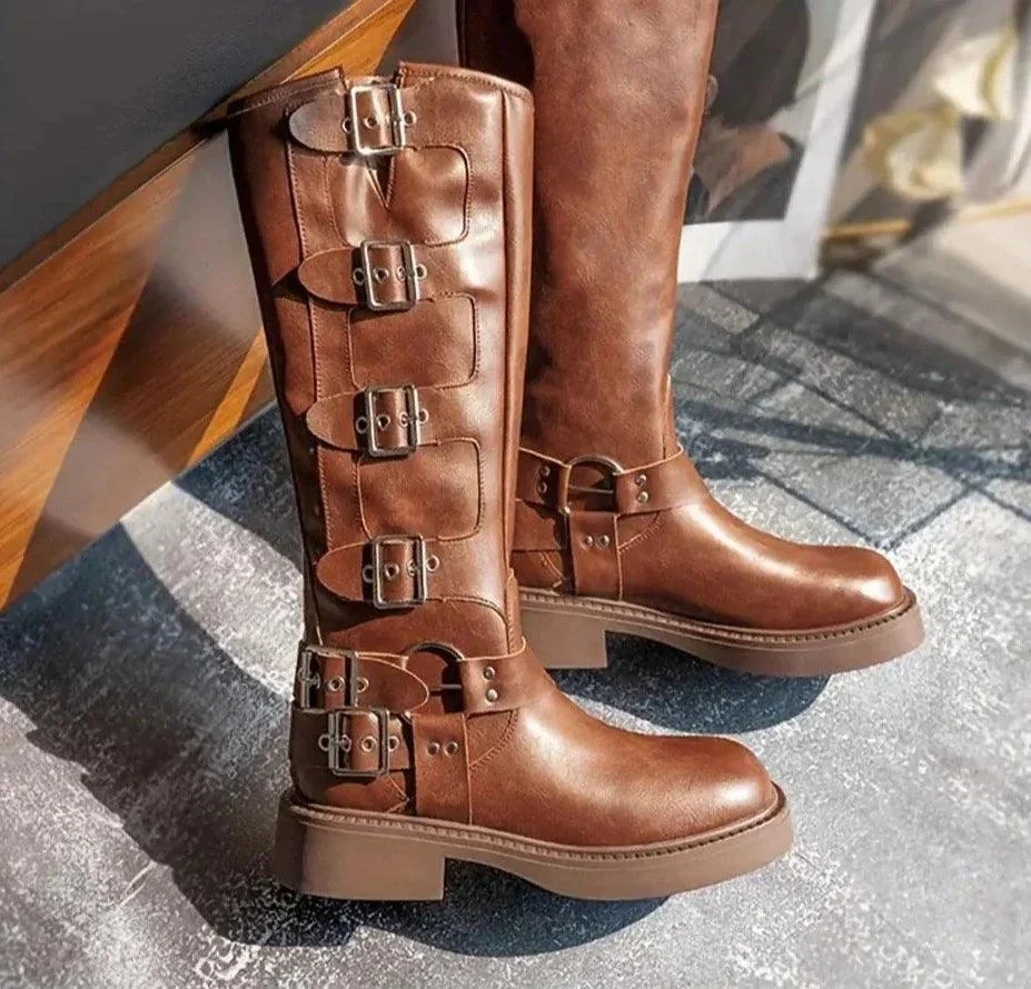 Thick High Heels Mid Calf Boots Punk Gothic Buckle Boots - Glova