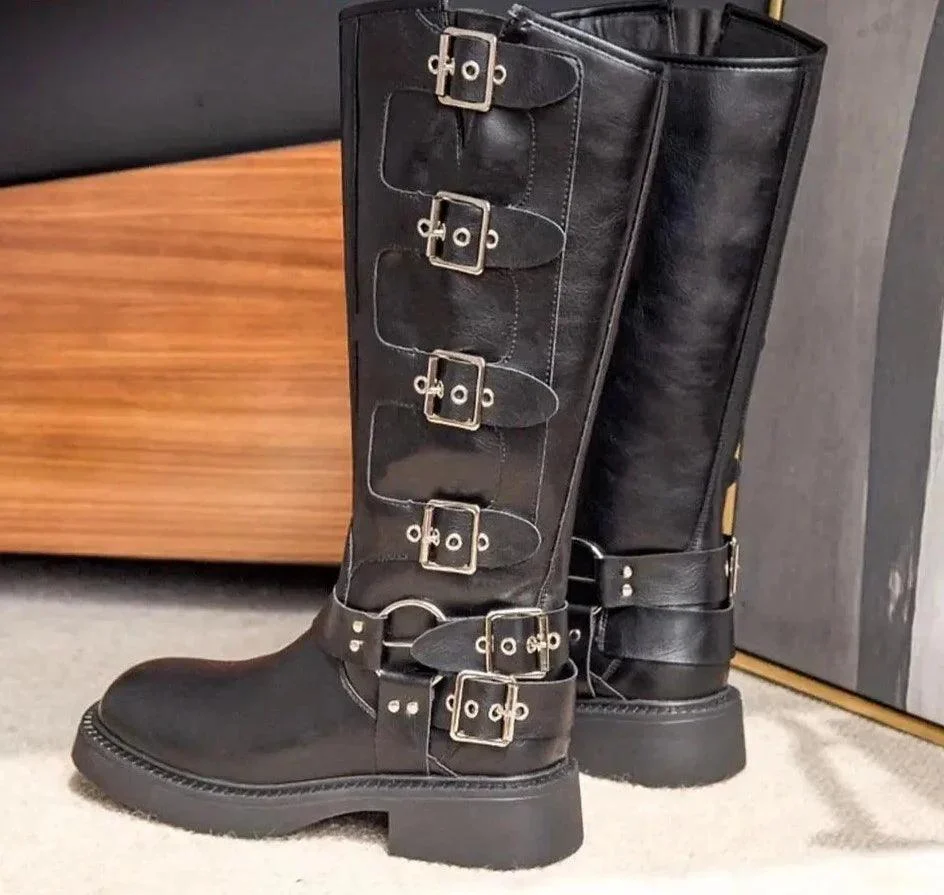 Thick High Heels Mid Calf Boots Punk Gothic Buckle Boots - Glova