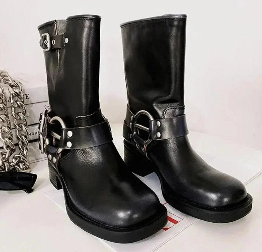 Thick High Heels Mid Calf Boots Punk Gothic Buckle Boots - Glova