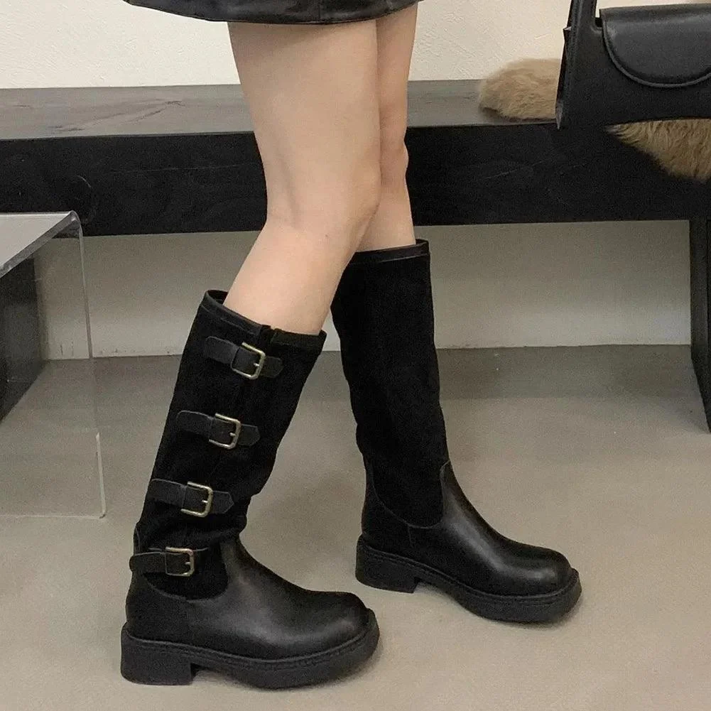 Thick High Heels Mid Calf Boots Punk Gothic Buckle Boots - Glova