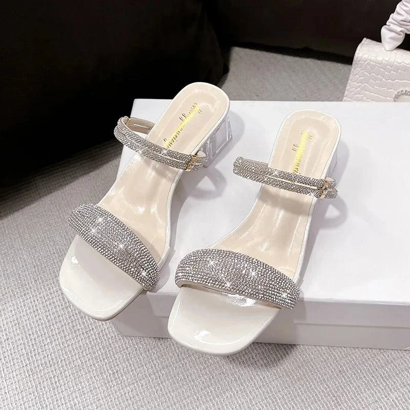 Thick Middle Heel Rhinestone Square Toe Sandals - Glova