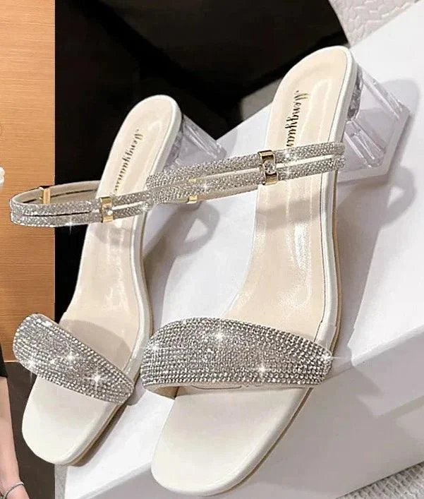 Thick Middle Heel Rhinestone Square Toe Sandals - Glova