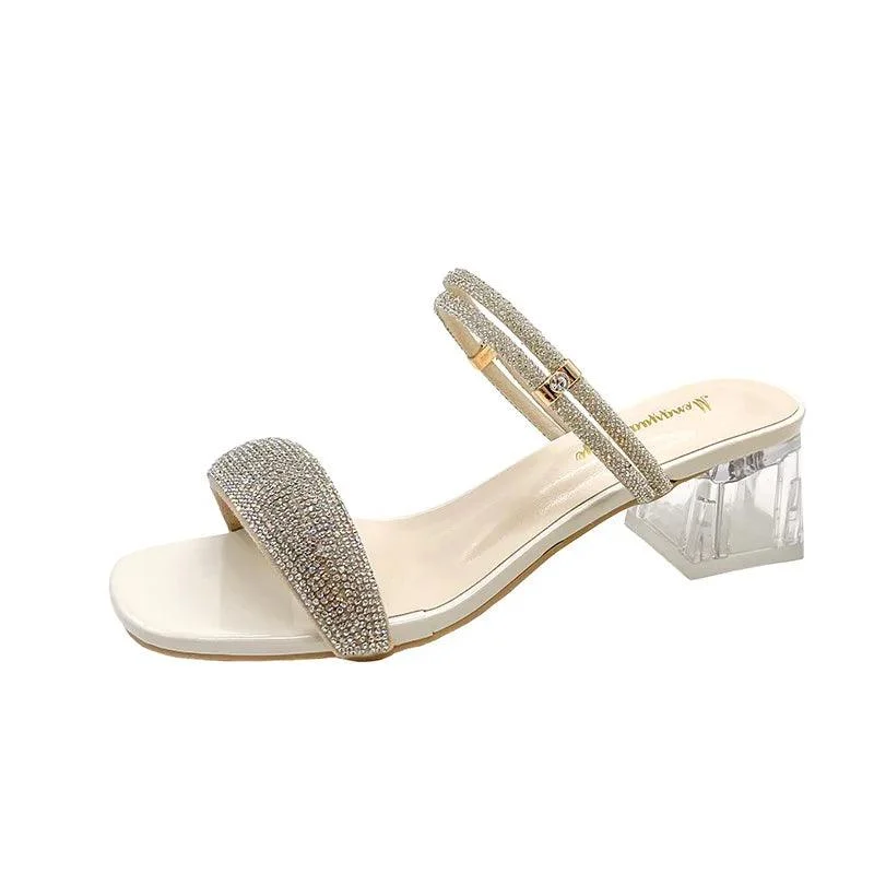 Thick Middle Heel Rhinestone Square Toe Sandals - Glova