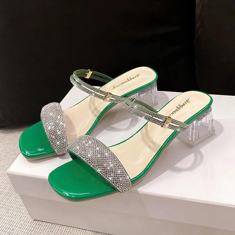 Thick Middle Heel Rhinestone Square Toe Sandals - Glova