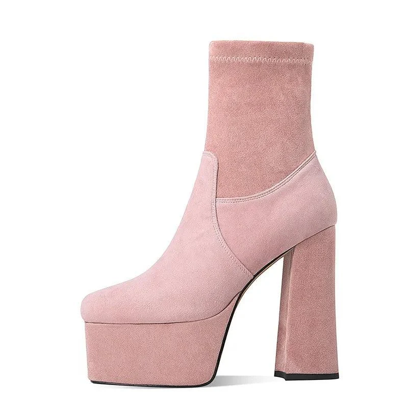 Thick Platform Flock Ankle Boots Solid Women Shoes - Glova