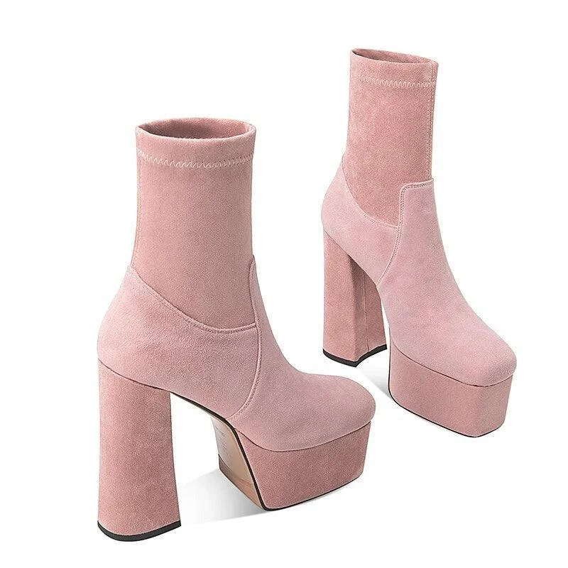 Thick Platform Flock Ankle Boots Solid Women Shoes - Glova