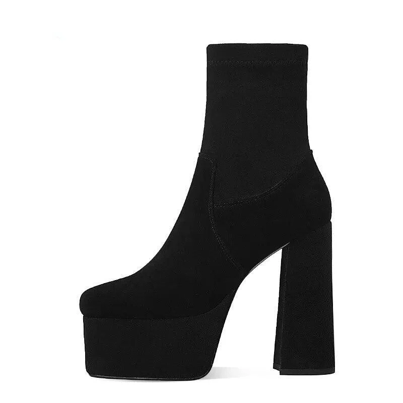 Thick Platform Flock Ankle Boots Solid Women Shoes - Glova