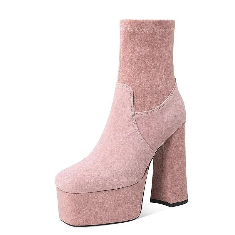 Thick Platform Flock Ankle Boots Solid Women Shoes - Glova