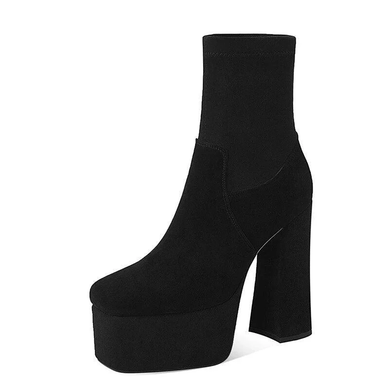 Thick Platform Flock Ankle Boots Solid Women Shoes - Glova