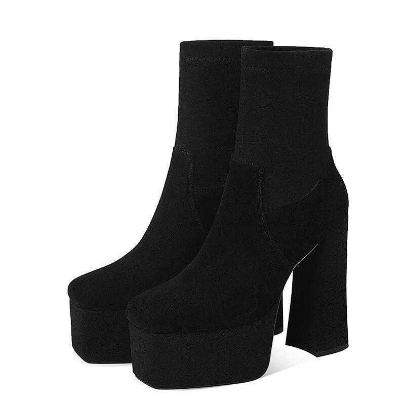 Thick Platform Flock Ankle Boots Solid Women Shoes - Glova