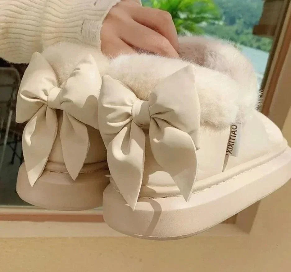 Thick Sole Snow Boots Furry Bow Waterproof Plush Boots - Glova