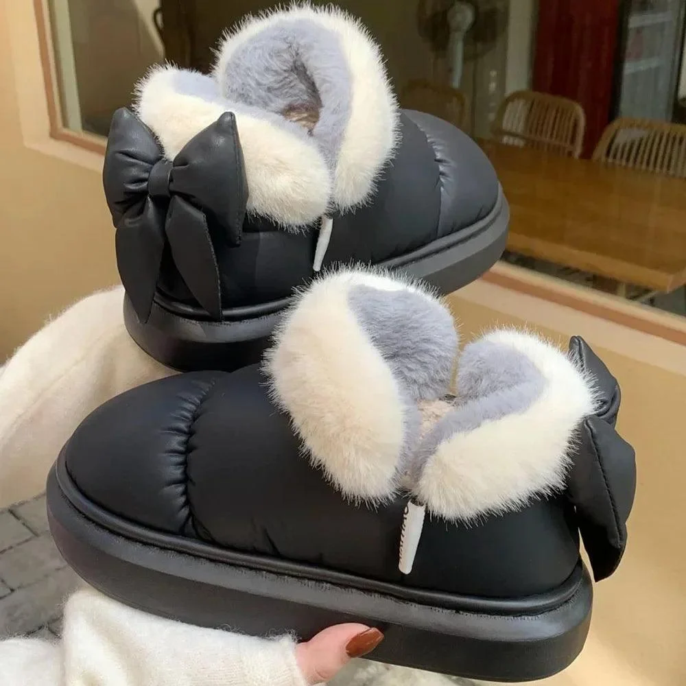 Thick Sole Snow Boots Furry Bow Waterproof Plush Boots - Glova