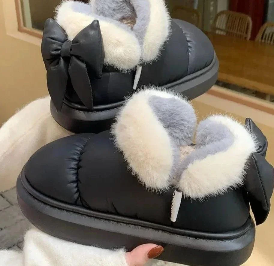 Thick Sole Snow Boots Furry Bow Waterproof Plush Boots - Glova