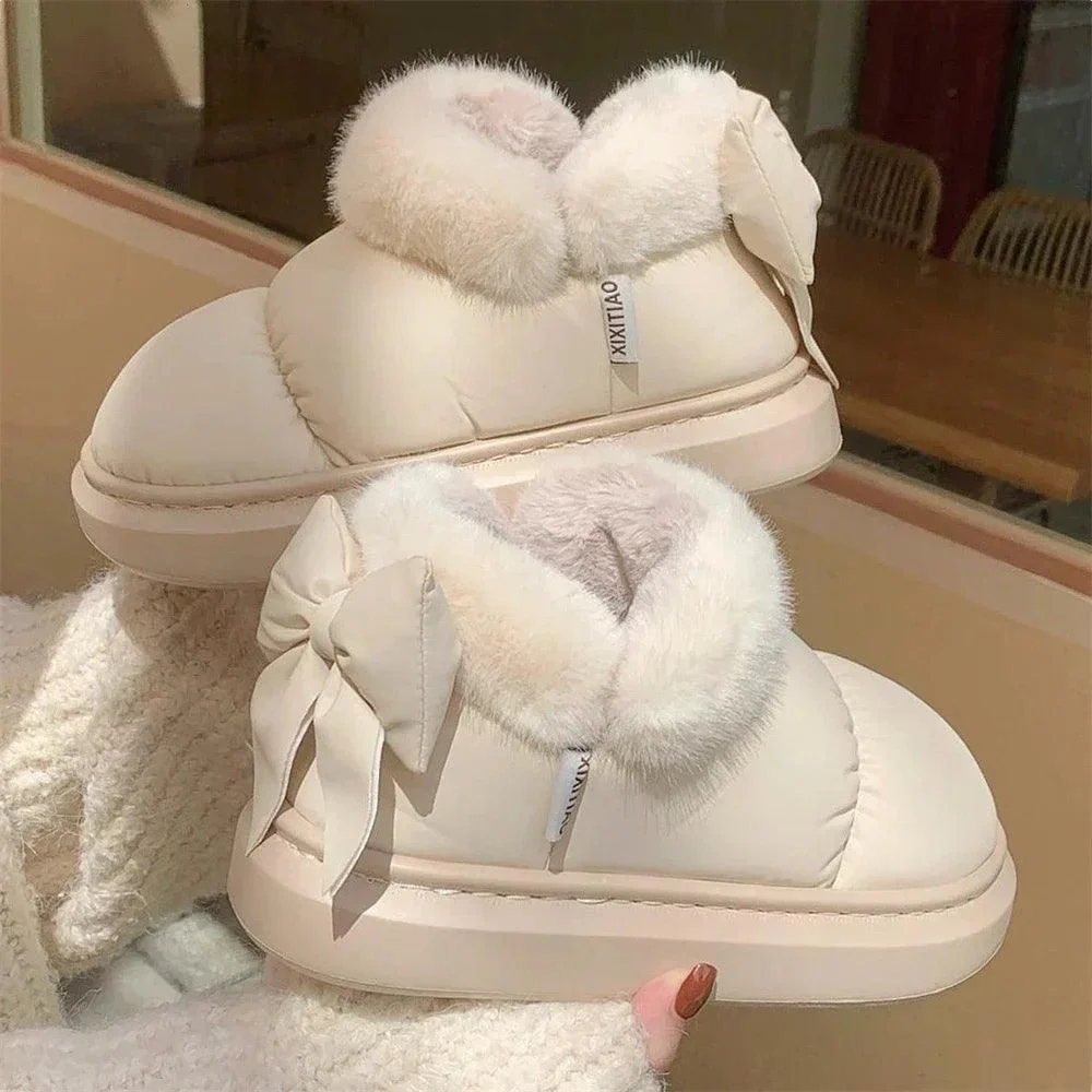 Thick Sole Snow Boots Furry Bow Waterproof Plush Boots - Glova