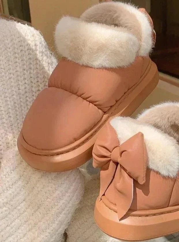 Thick Sole Snow Boots Furry Bow Waterproof Plush Boots - Glova