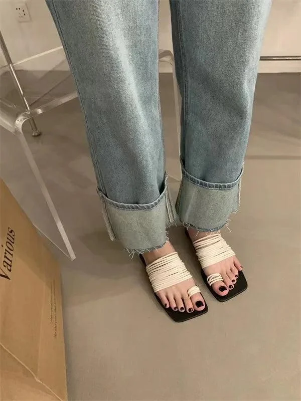 Thin Belt Soft Leather Square Open Toe Flat Slippers - Glova