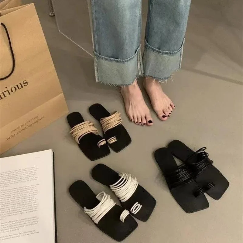 Thin Belt Soft Leather Square Open Toe Flat Slippers - Glova