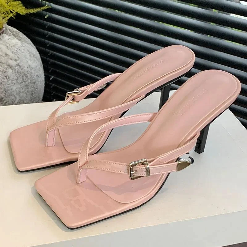 Thin Heels Flip flops Metal Buckle Ladies Slides Shoes - Glova