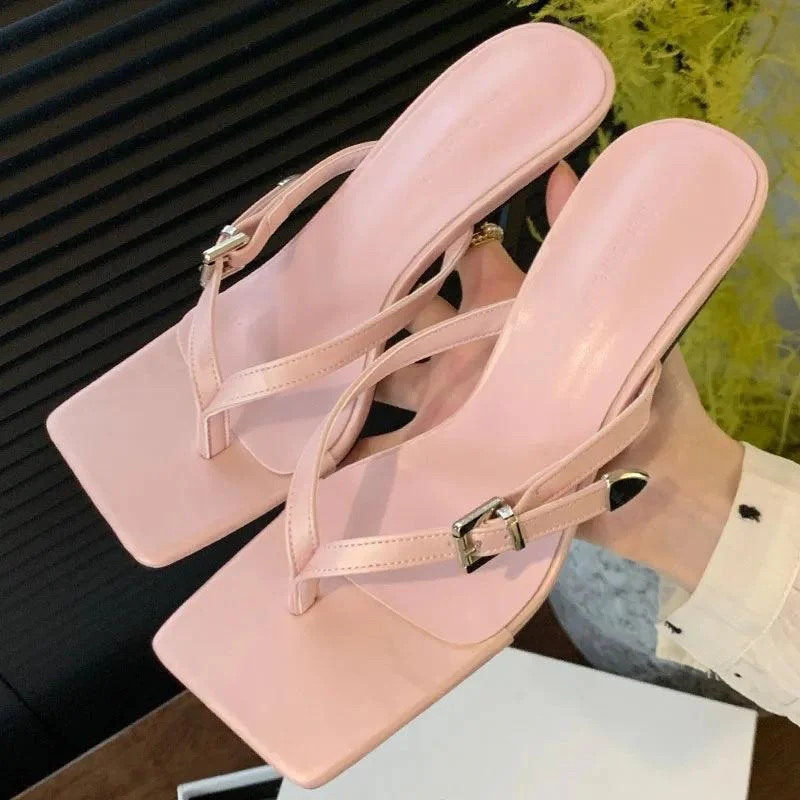 Thin Heels Flip flops Metal Buckle Ladies Slides Shoes - Glova