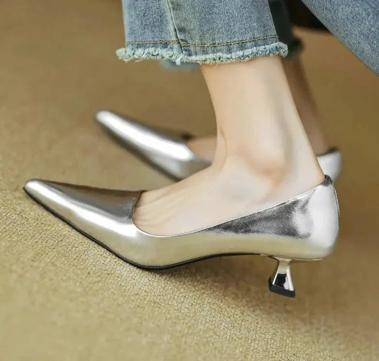 Thin Med Heels Pointed Toe Leather Pumps Office Lady Shoes - Glova