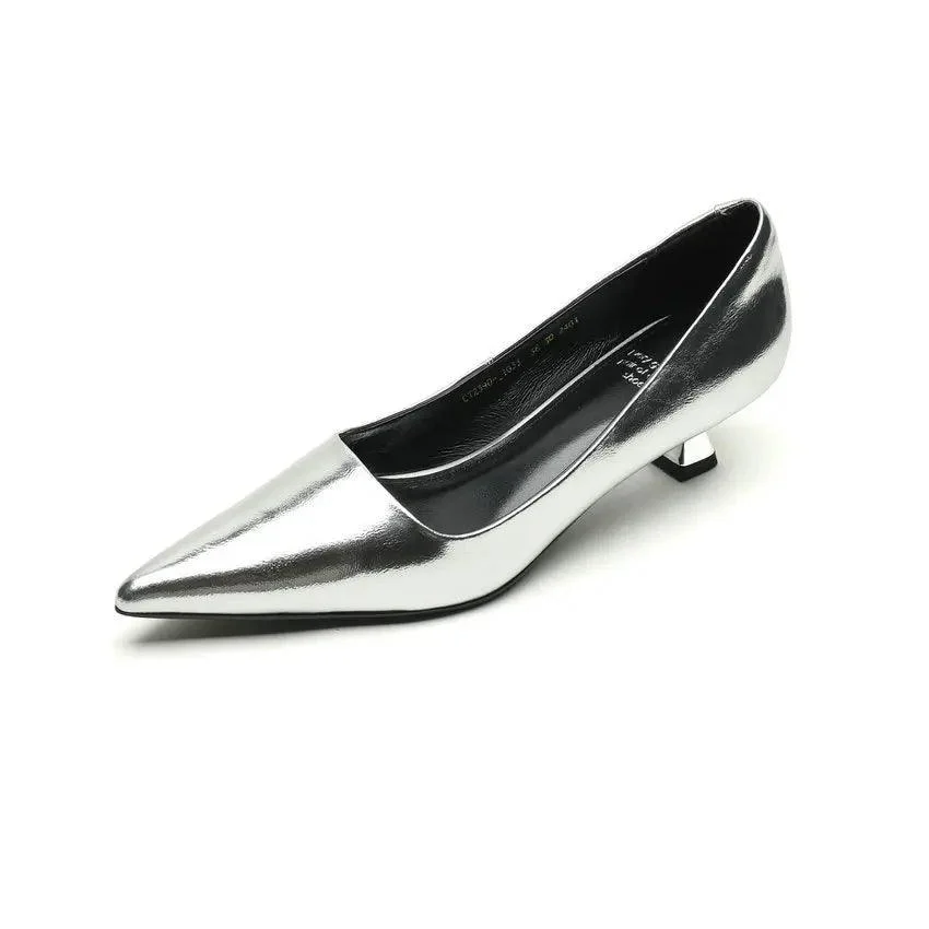 Thin Med Heels Pointed Toe Leather Pumps Office Lady Shoes - Glova