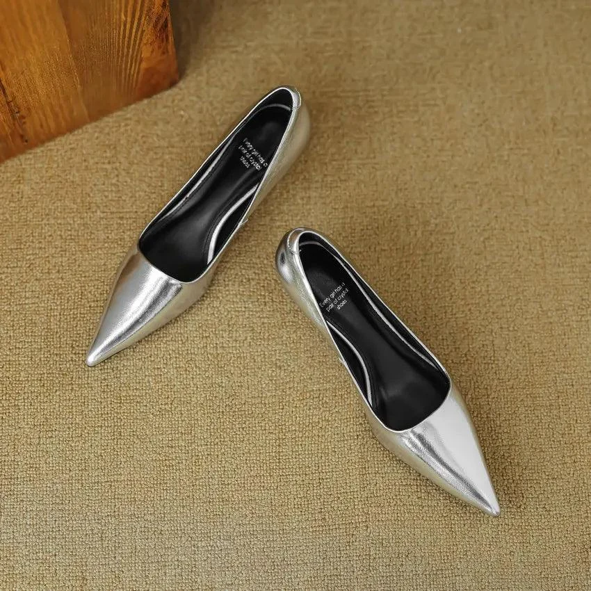 Thin Med Heels Pointed Toe Leather Pumps Office Lady Shoes - Glova