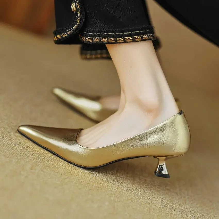 Thin Med Heels Pointed Toe Leather Pumps Office Lady Shoes - Glova