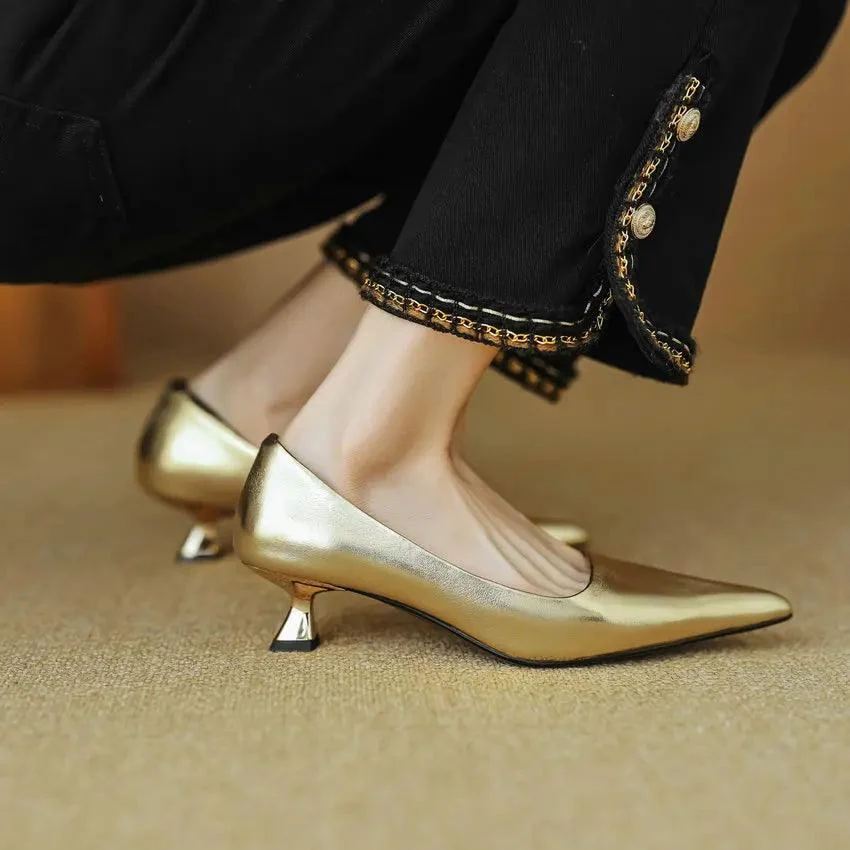 Thin Med Heels Pointed Toe Leather Pumps Office Lady Shoes - Glova