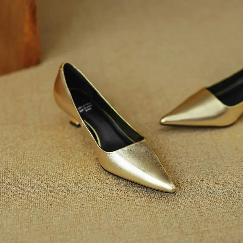 Thin Med Heels Pointed Toe Leather Pumps Office Lady Shoes - Glova