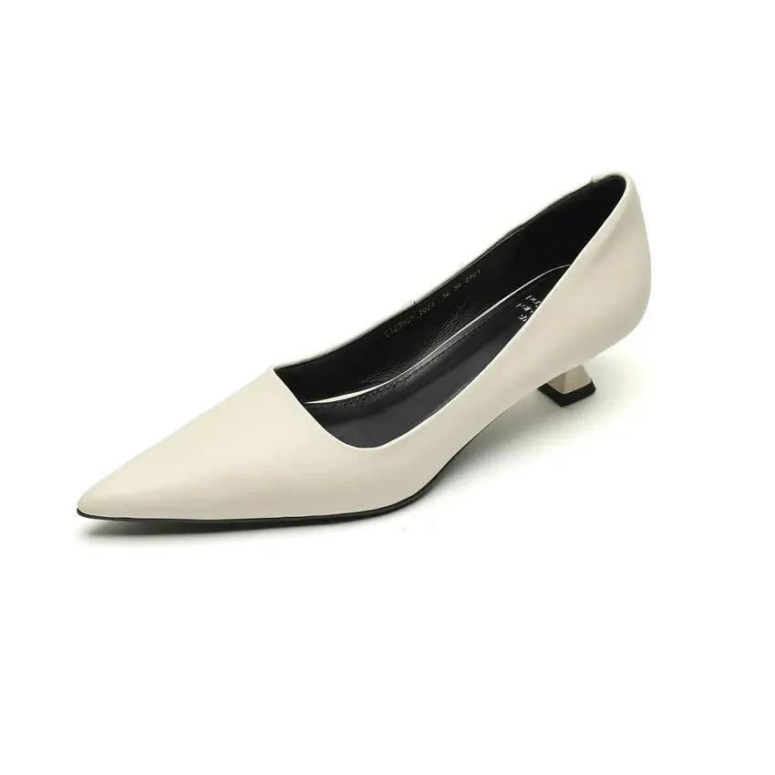 Thin Med Heels Pointed Toe Leather Pumps Office Lady Shoes - Glova