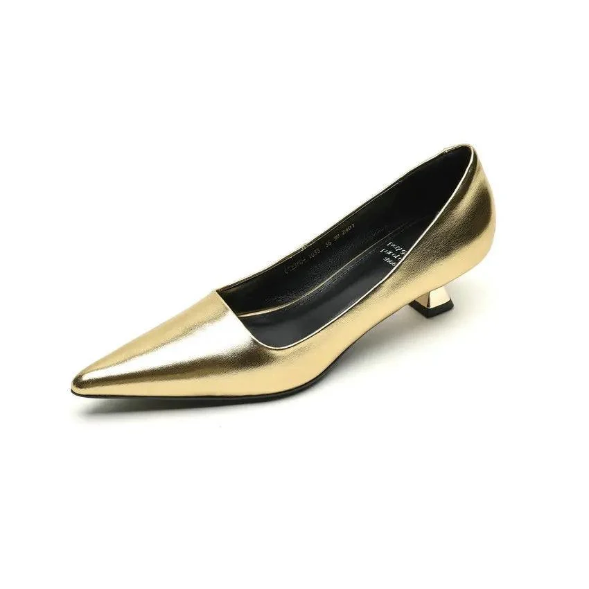 Thin Med Heels Pointed Toe Leather Pumps Office Lady Shoes - Glova