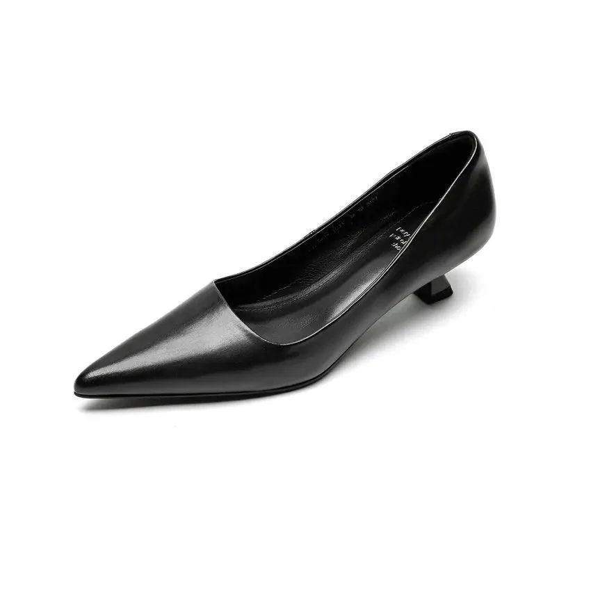 Thin Med Heels Pointed Toe Leather Pumps Office Lady Shoes - Glova